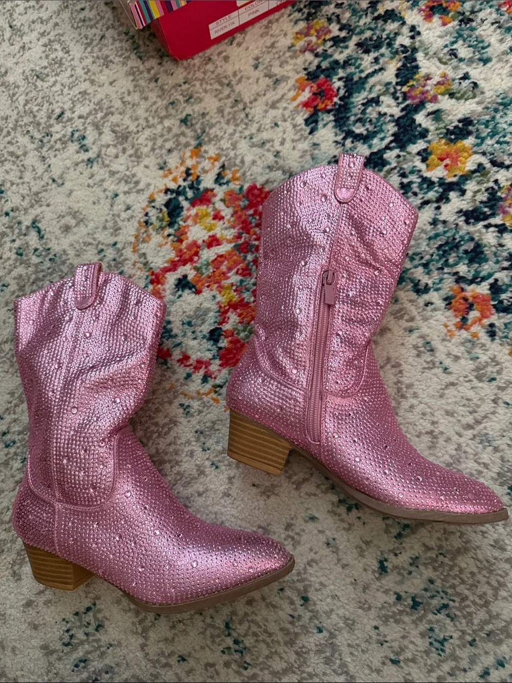 Girls' Western Cowgirl Cowboy Pointed Toe Rhinestone Low Heel Boots